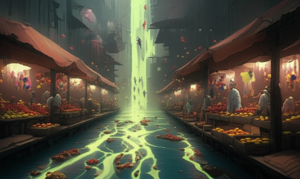 Surreal illustration of typhoid transmission through interconnected waterways and a market scene.