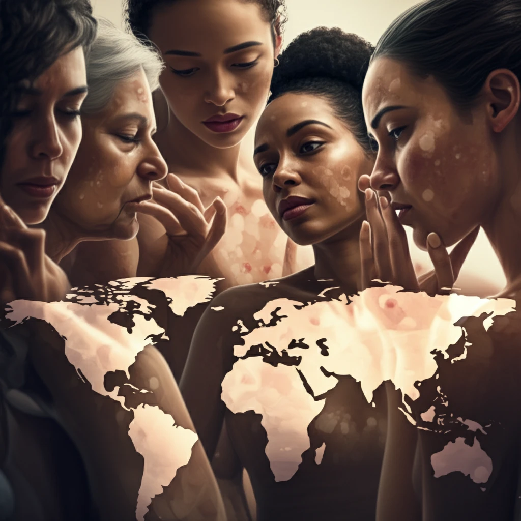 Diverse individuals examining their skin, overlaid with faint maps, representing the global nature of cutaneous mycobacterial infections.