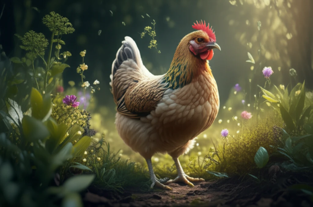 Healthy chicken surrounded by plants and herbs