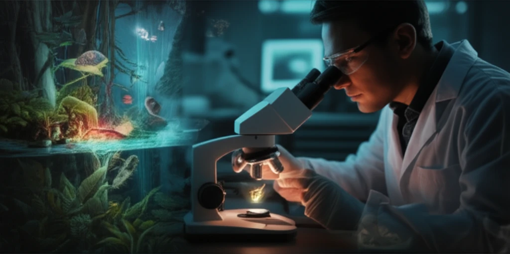 A scientist measures a glowing invertebrate in a floodplain river ecosystem, symbolizing the interconnectedness of life.
