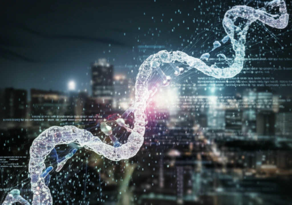 DNA strand intertwined with computer code, cityscape background