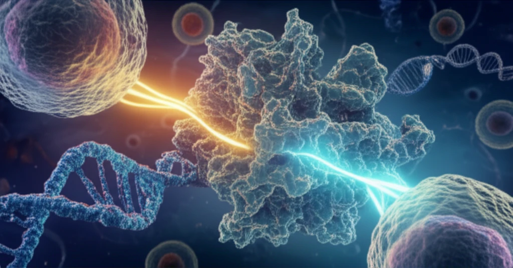 Microscopic view of cell nucleus with transforming DNA, symbolizing stem cell differentiation controlled by RBL2 and PARP1.