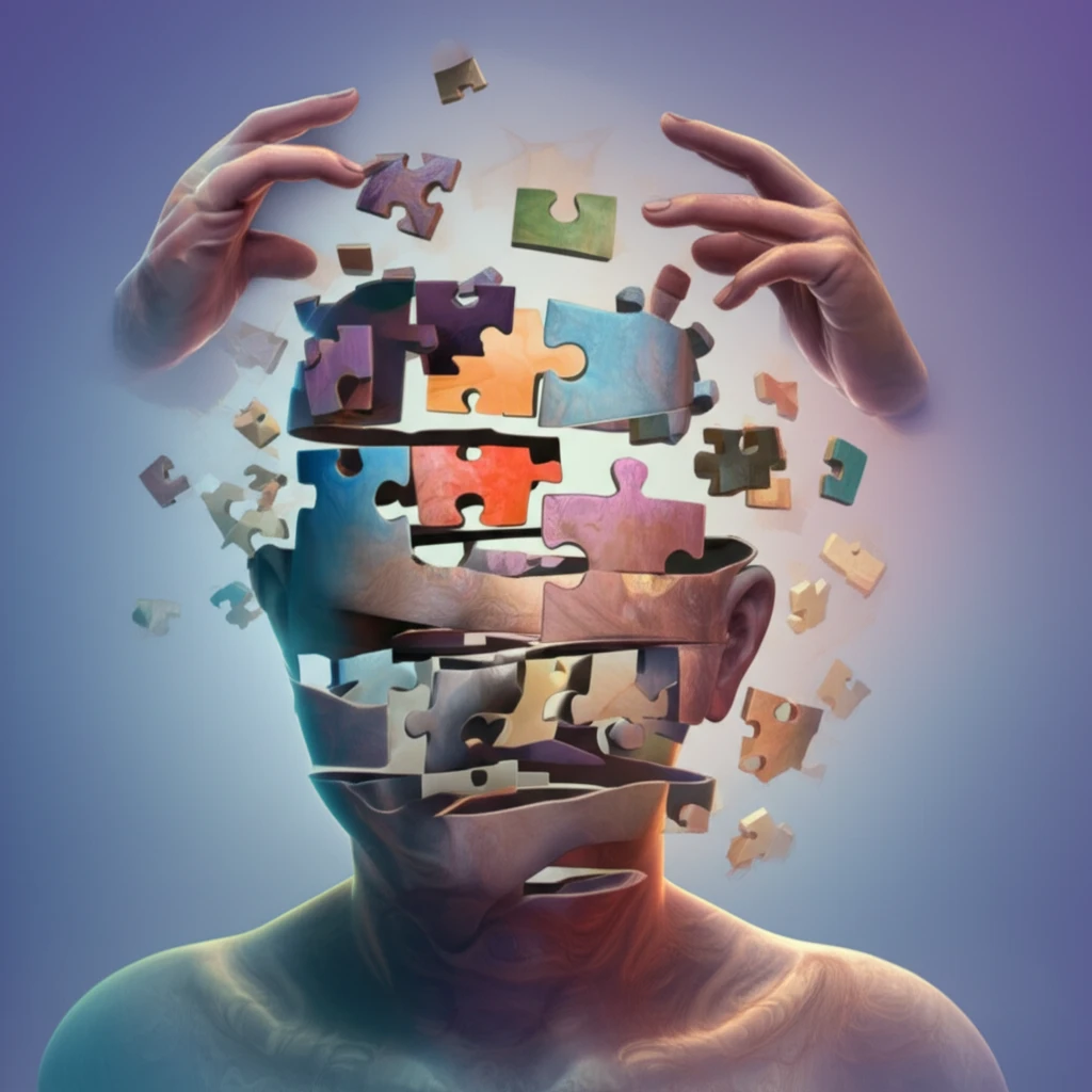 Fragmented mind being reassembled with personalized care.