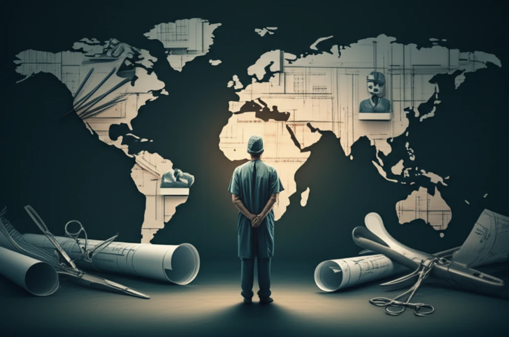 Surreal illustration of a surgeon as a global architect of medical innovation.