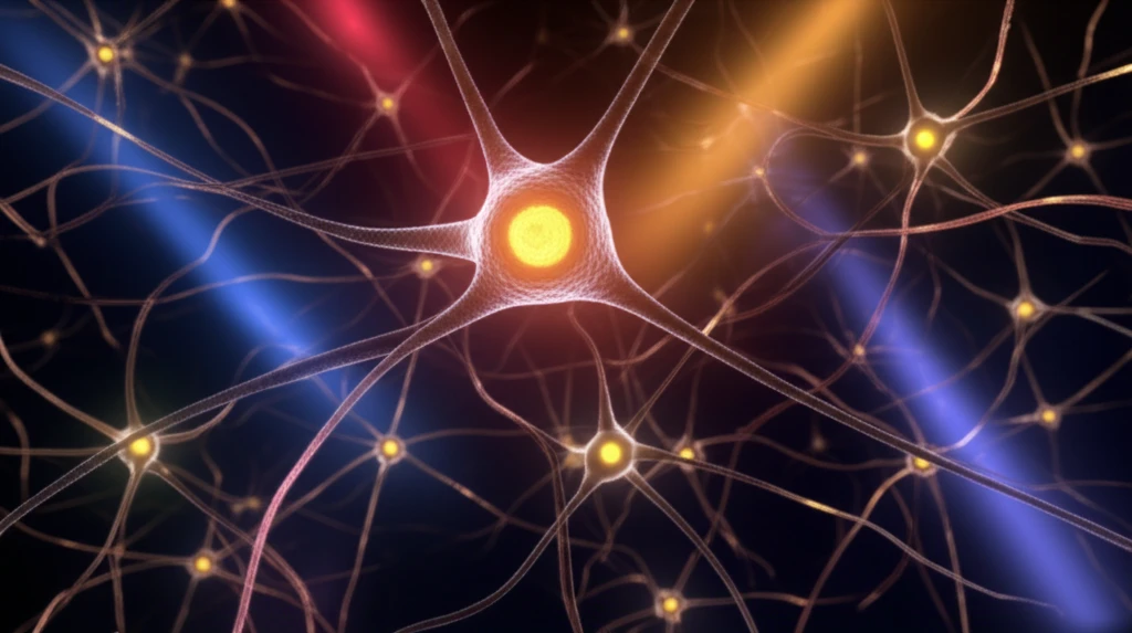 Neurons and astrocytes glowing under targeted light, symbolizing photodynamic therapy and calcium signals.
