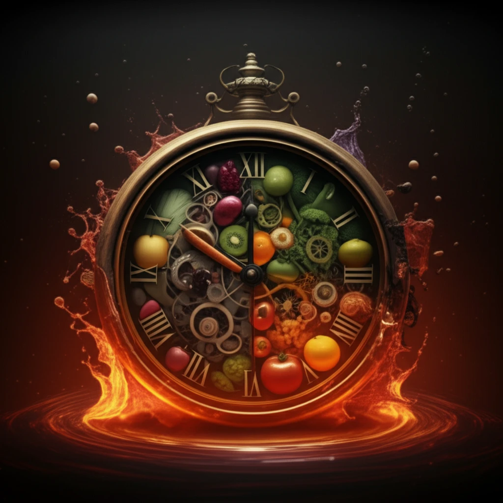 A clock made of healthy foods being disrupted by inflammation.