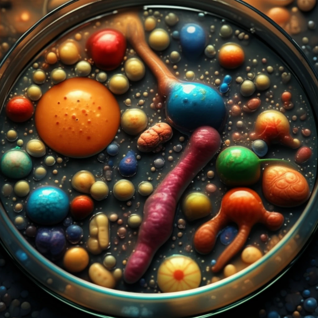 Petri dish with microorganisms and oil droplets, representing enzyme discovery.