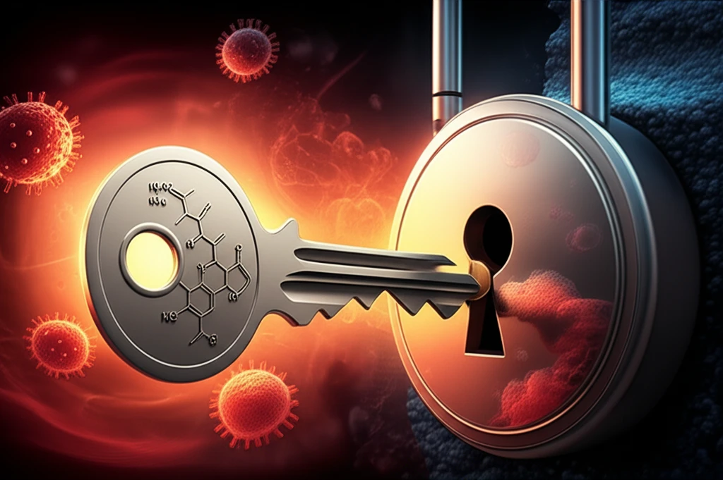 Illustration symbolizing p38 kinase inhibition with a molecular key.