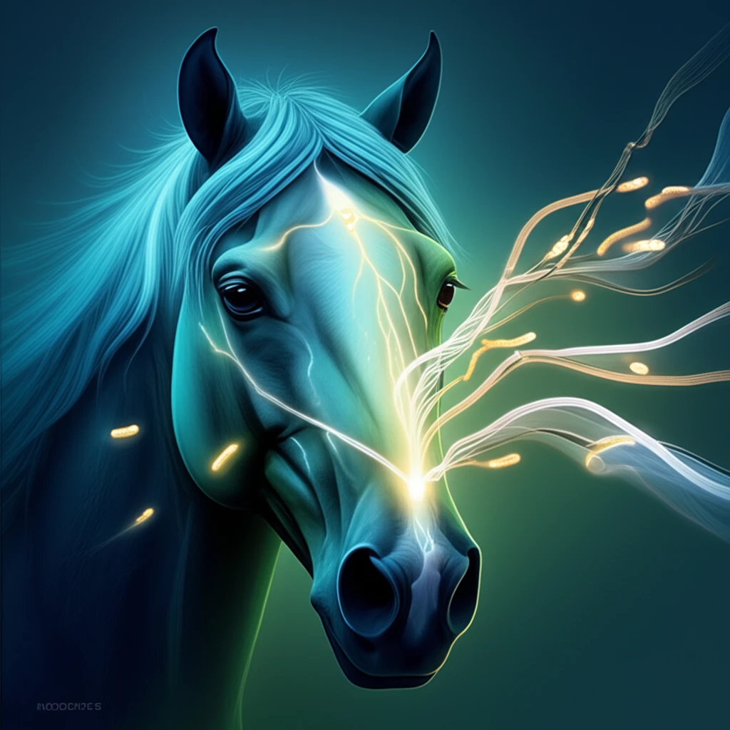 Stylized illustration of a horse head with bacteria strands being drawn to alum hydroxide, representing optimized vaccine adsorption.