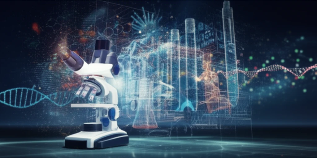 Surreal illustration of advanced drug testing at the Olympics, featuring biomarkers and scientific instruments.