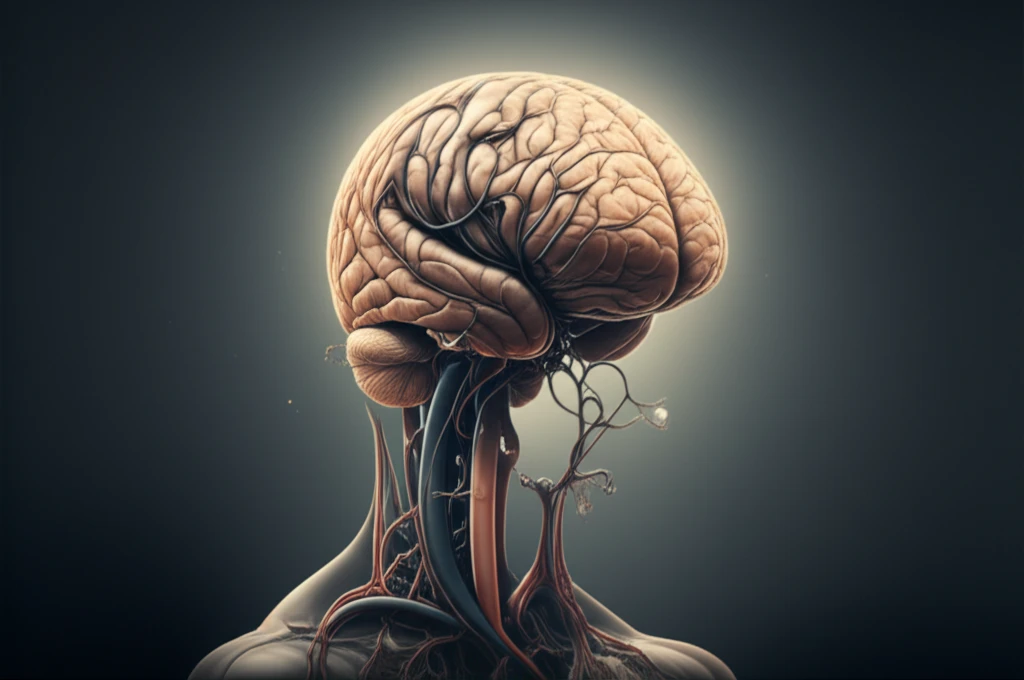 Surreal illustration of a brain intertwined with coronary arteries, highlighting diagnostic uncertainty in a medical case.