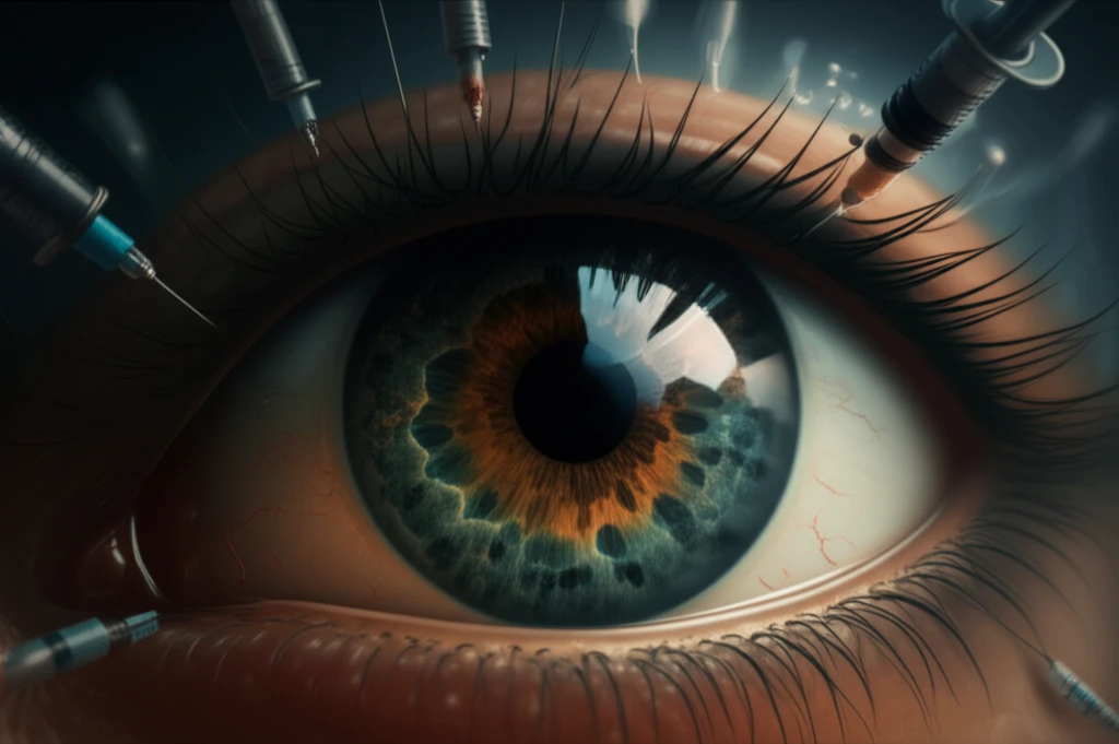 Surreal image of eye injections fighting a storm inside an eye, representing IRVAN syndrome and macular edema.