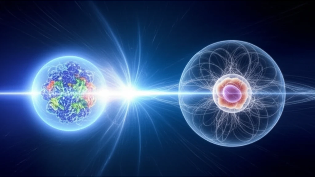 Digital illustration of an electron-proton collision revealing quark-gluon structure.