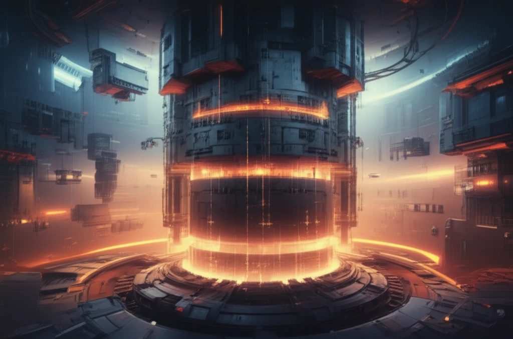 Surreal illustration of radiation beams interacting with materials in a nuclear reactor core, visualizing nuclear heating.