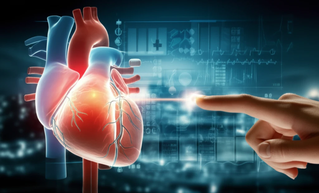 Illustration of a heart connected to a fingertip sensor, representing cardiovascular health assessment.
