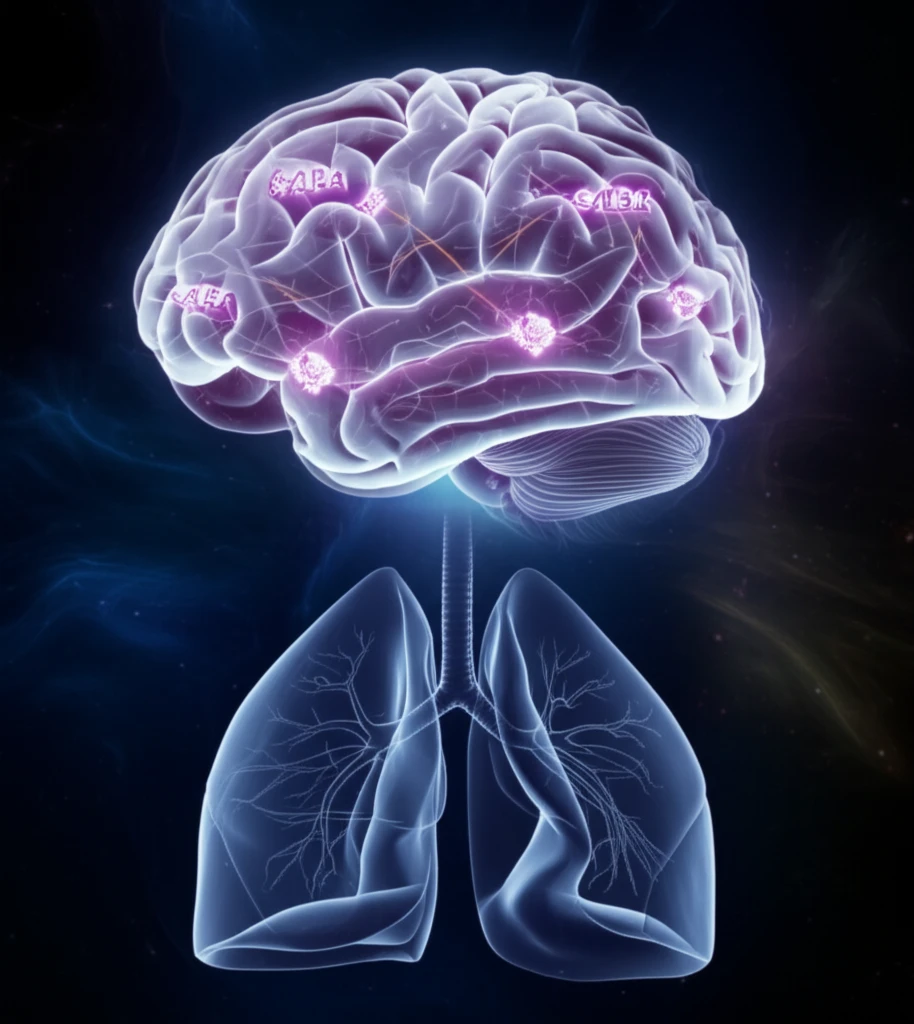 Brain with glowing GABA receptors controlling lung rhythm.