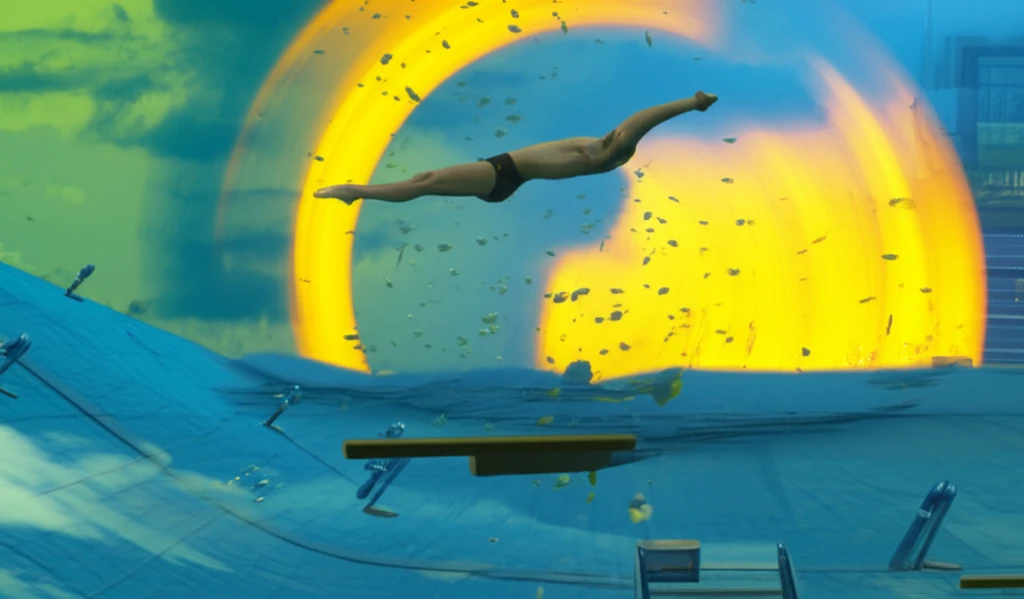 A dynamic illustration combining aquatic fitness, balance training, and strength building for a holistic fitness concept.