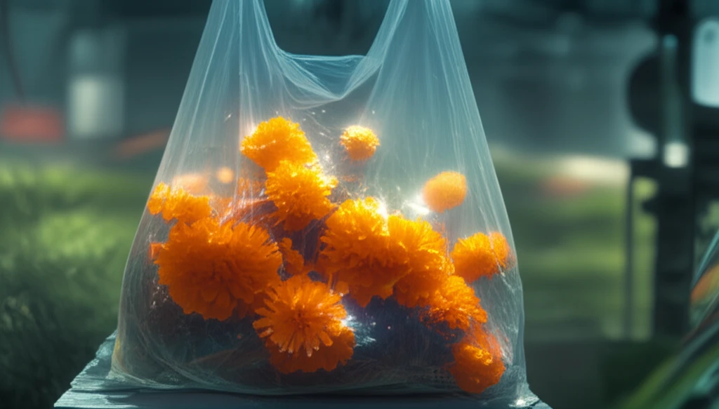 Marigold flowers being preserved in an LDPE bag.