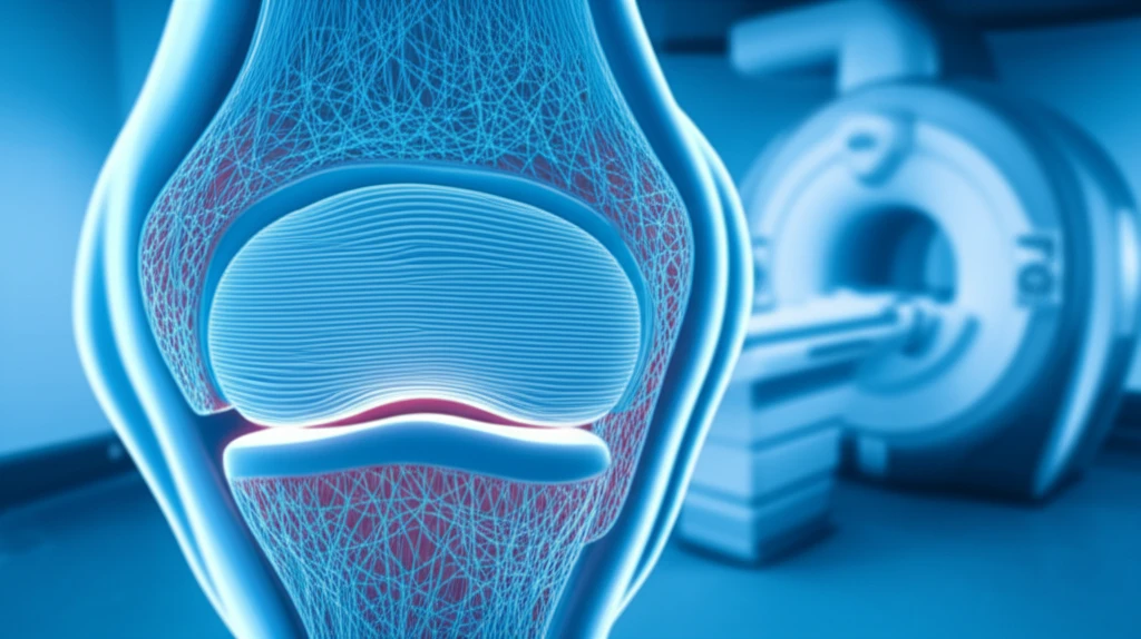 Illustration of a human jaw joint with glowing collagen fibers showing aligned and random patterns. MRI scanner in the background.