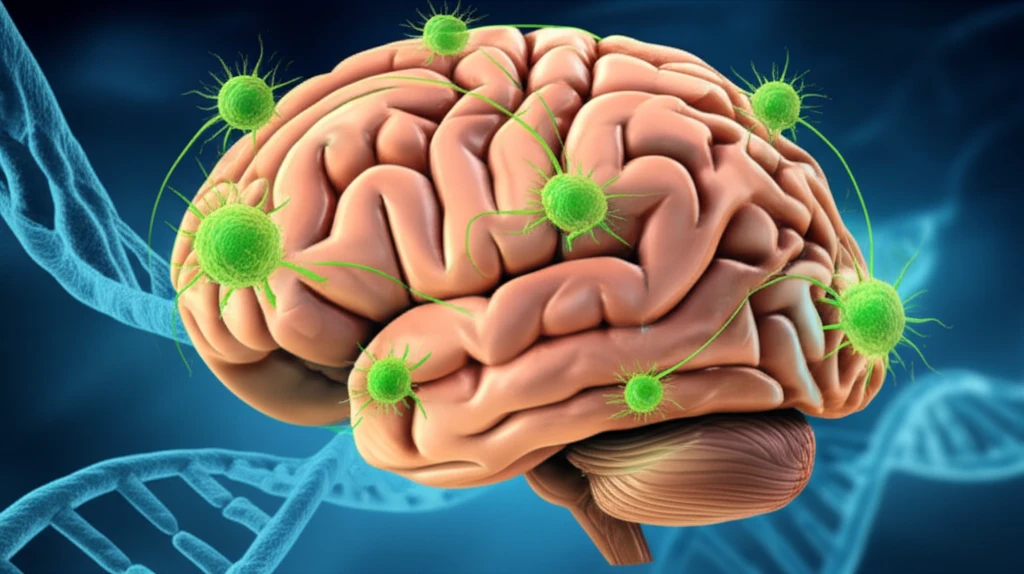 Brain intertwined with green immune cells representing glioblastoma treatment.
