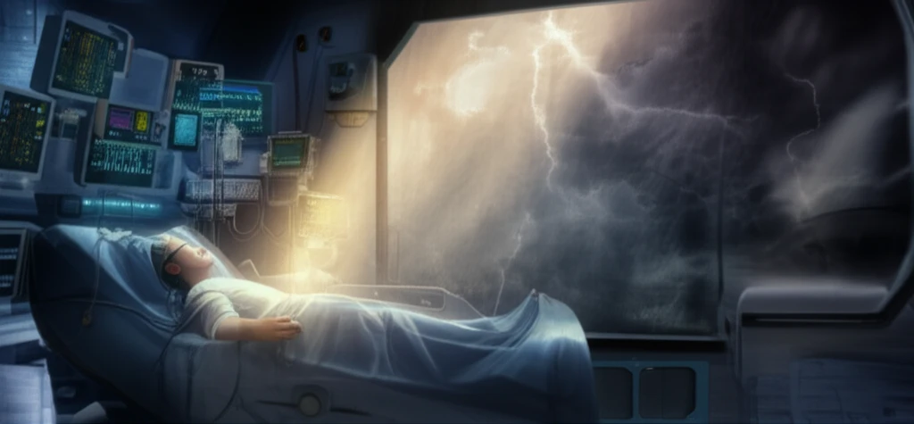 Monitored patient in emergency room with storm clouds and a ray of hope