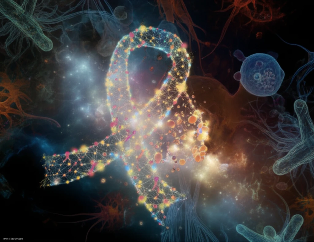Glowing biomarkers form a breast cancer ribbon.