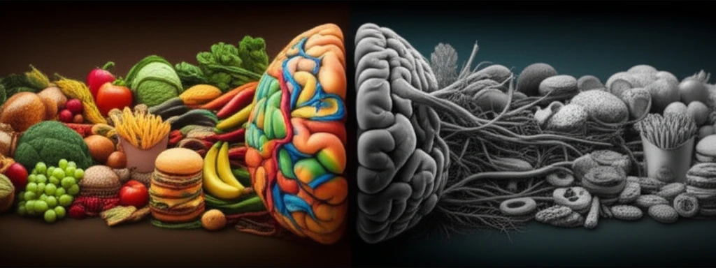 Surreal illustration of brain intertwined with healthy and unhealthy food, representing the impact of diet on mental health.