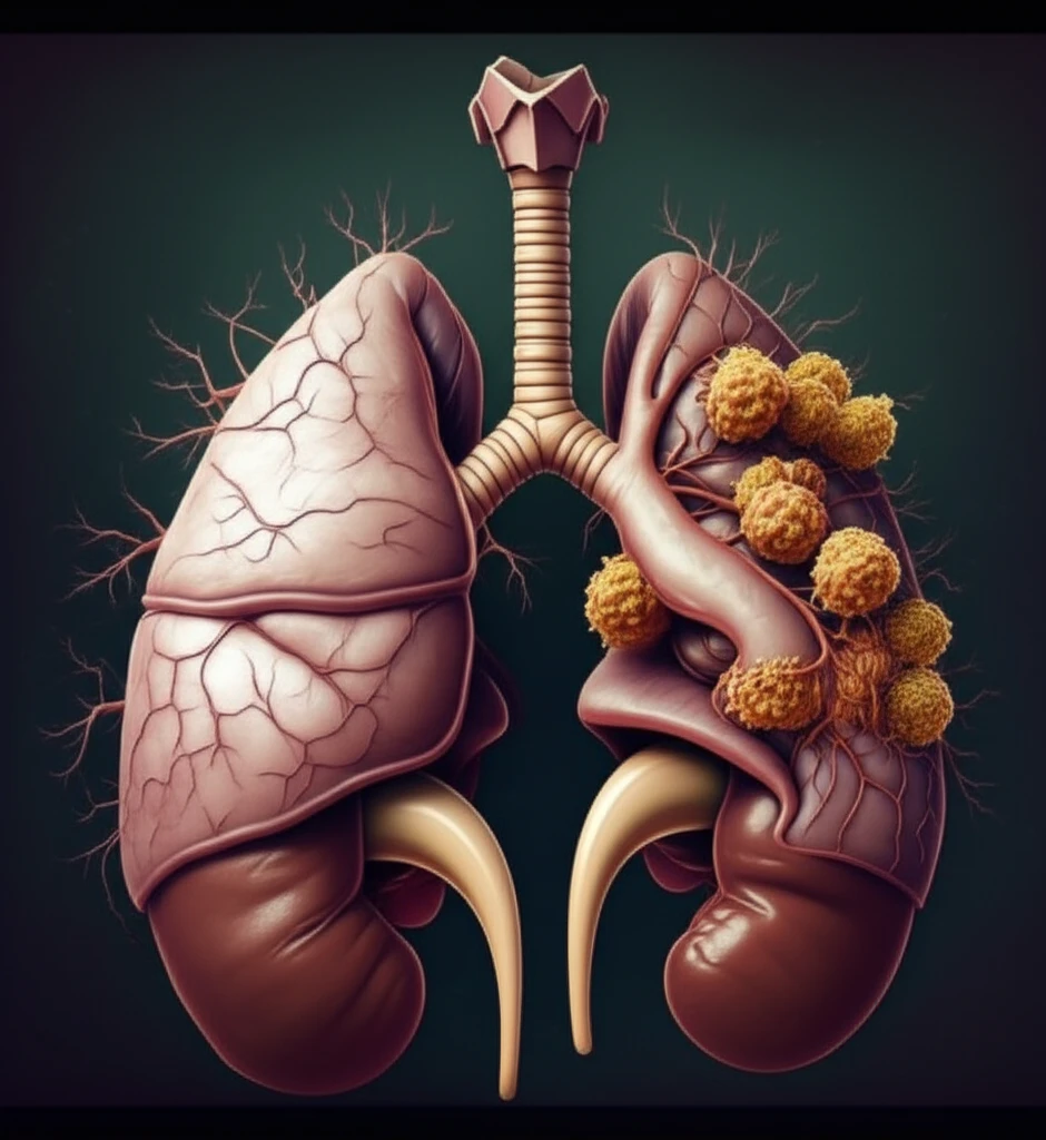 Surreal illustration of lungs and kidneys intertwined with staphylococcus aureus bacteria.