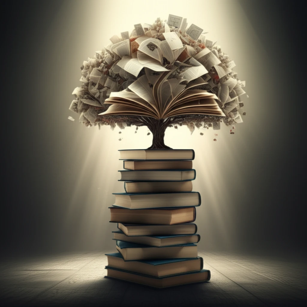 Academic journals transforming into a tree, symbolizing knowledge growth.