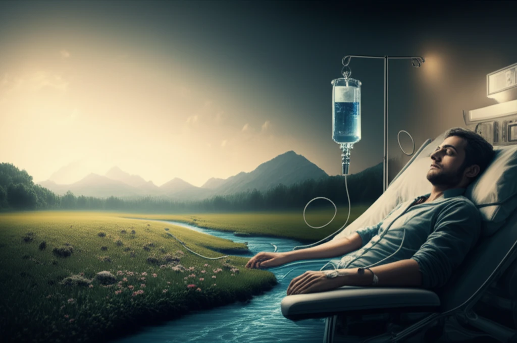 Intravenous chemotherapy treatment visualized with a calming blue drip.