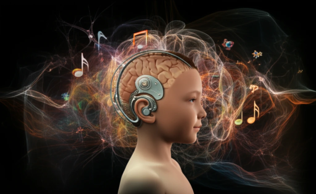 Stylized illustration of a child with auditory implants, surrounded by sound waves and neural pathways.