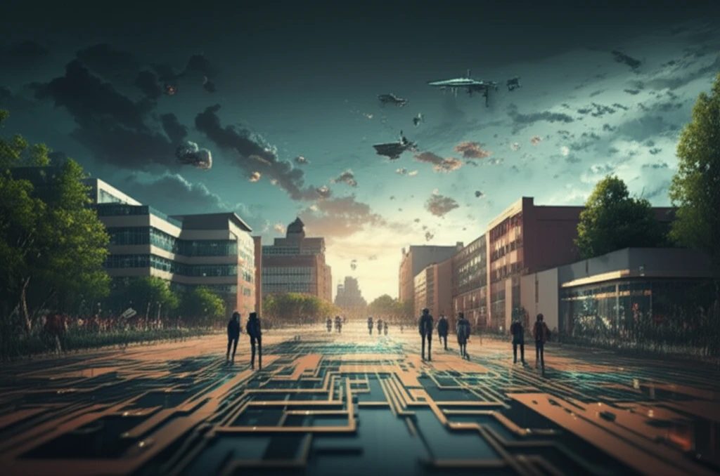 Circuit board transforming into a university campus, symbolizing simplified learning through automated code generation.