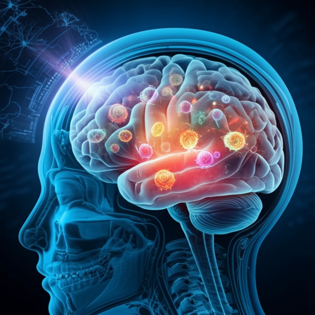 Surreal illustration of a brain scan visualizing inflammation with glowing immune cells.