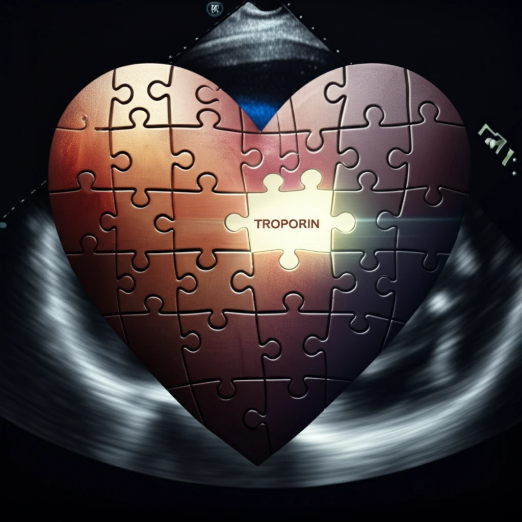 Surreal illustration of a heart puzzle with glowing troponin piece, symbolizing heart health insights.