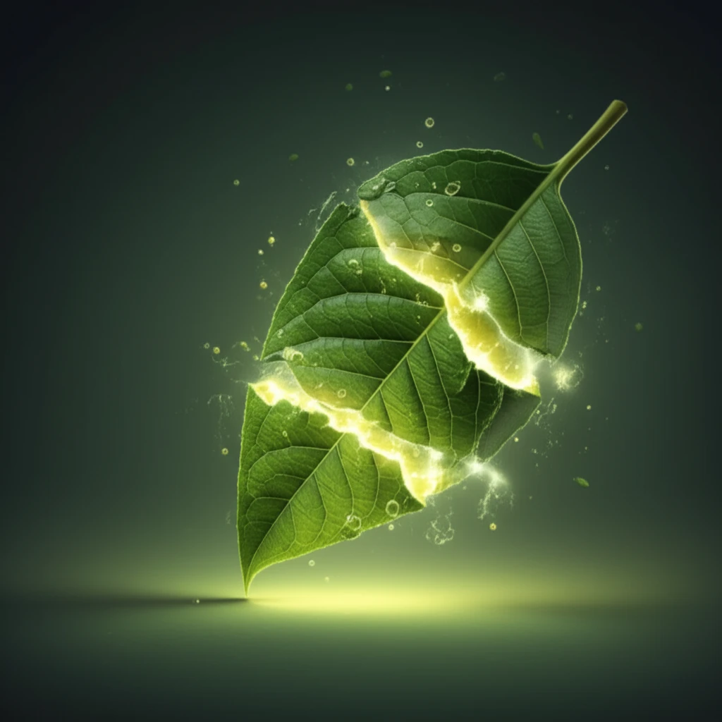 Cracked leaf releasing glowing electrolytes symbolizing herbicide resistance testing.