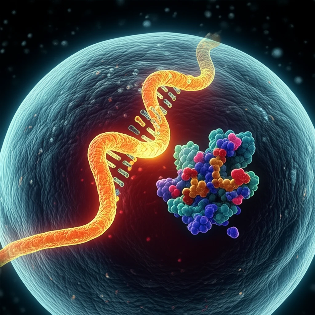 Surreal illustration of a cell with DNA and cholesterol molecule, representing UBXD8's role in cholesterol regulation.