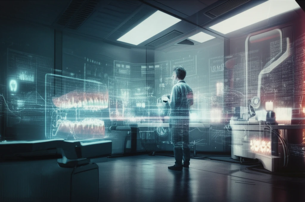 Futuristic dental lab with dentist-scientist using advanced technology.