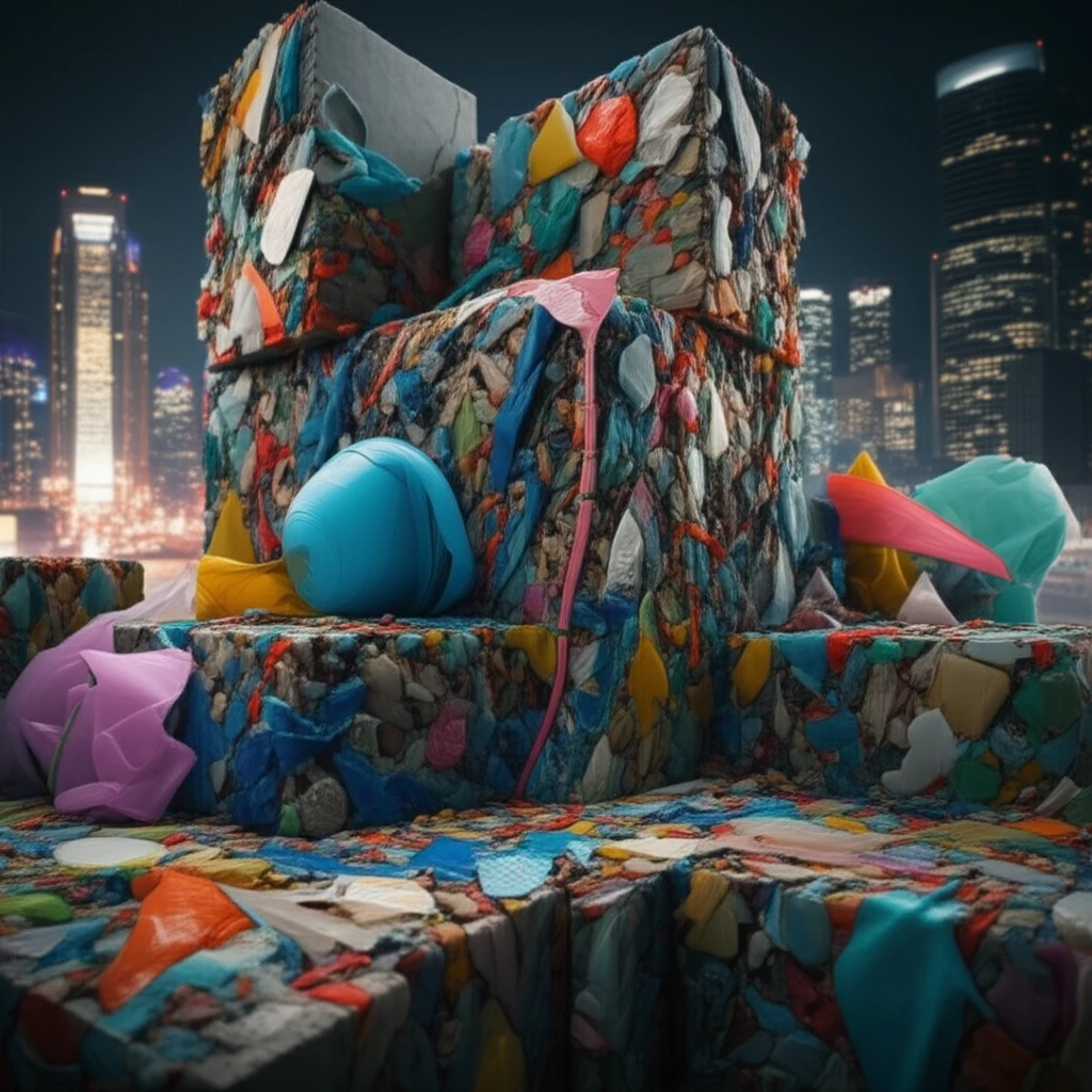 Concrete blocks mixed with colorful shredded plastic, representing sustainable construction.