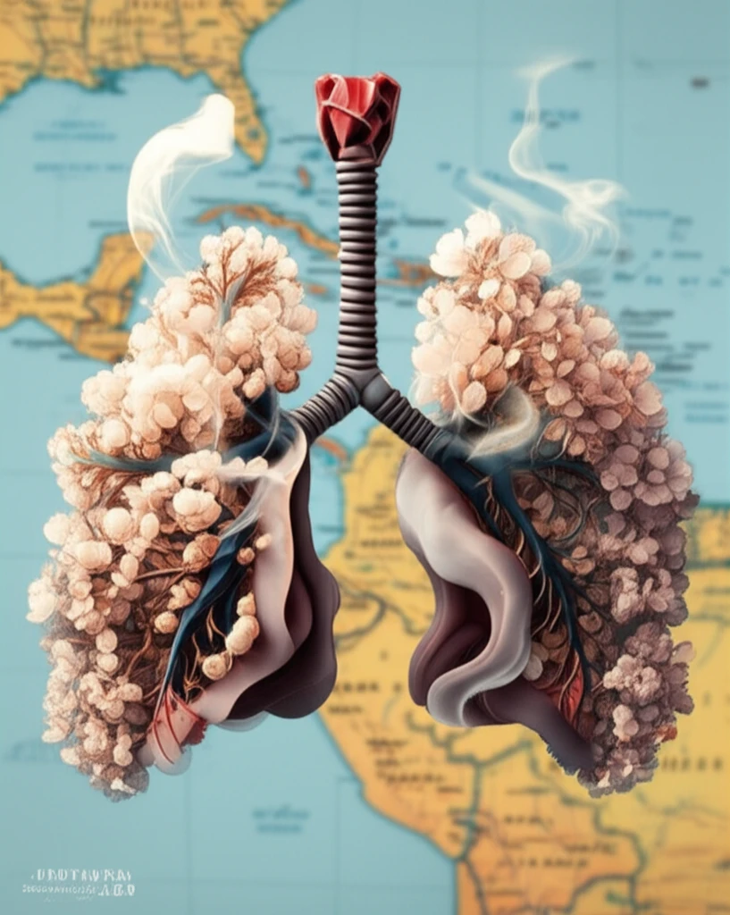 Stylized image representing lung health, smoking cessation, and Latin American countries.