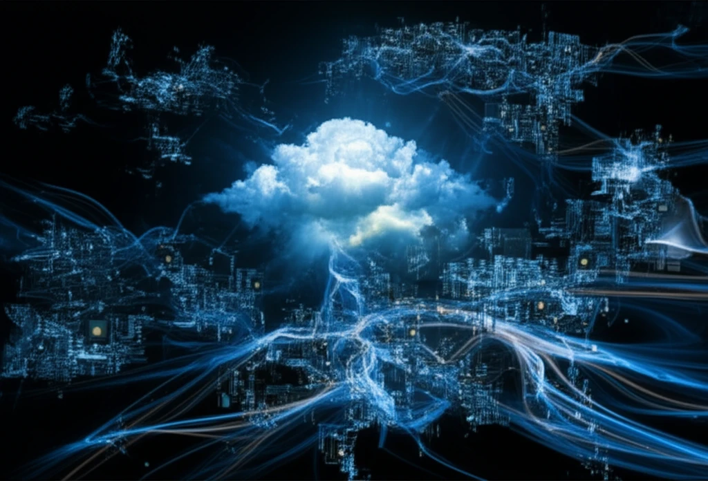 Digital illustration of data streams flowing into a central cloud, representing big data storage.