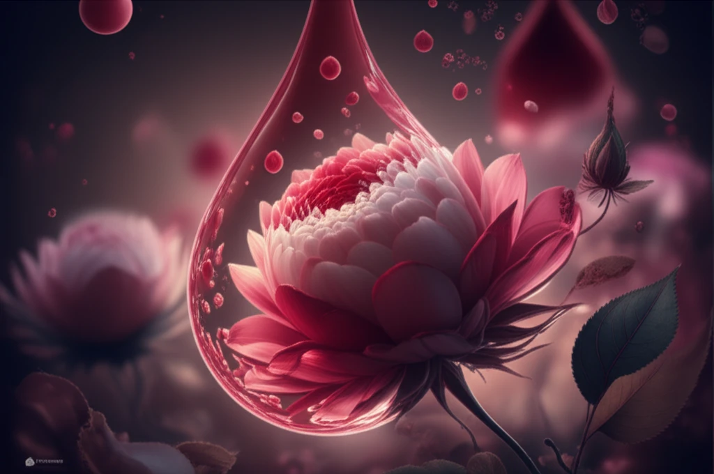 Surreal image of a blood drop transforming into a flower, symbolizing hope in cancer treatment.
