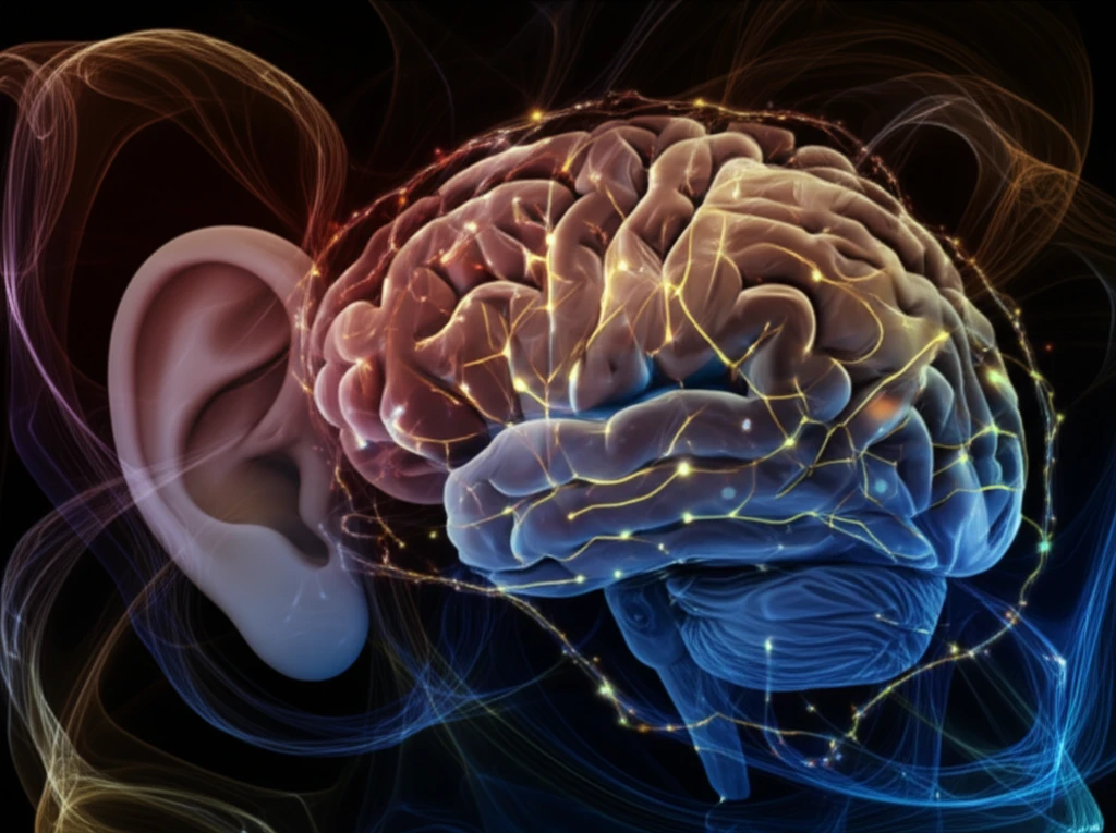 Illustration of an ear transforming into a brain, representing the connection between hearing loss and cognitive decline.