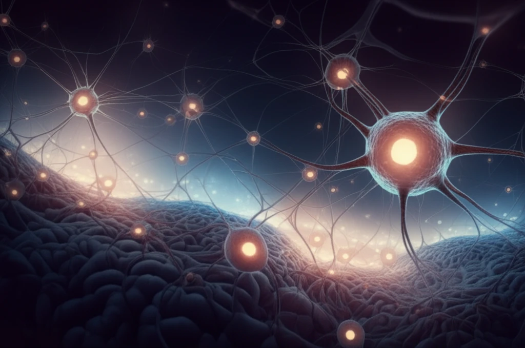 Glowing neural cells migrating within a stylized brain landscape