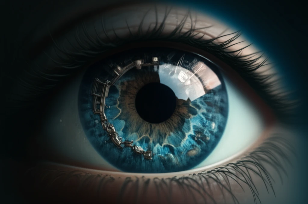 Titanium framework integrated into a human eye, symbolizing advanced corneal technology.