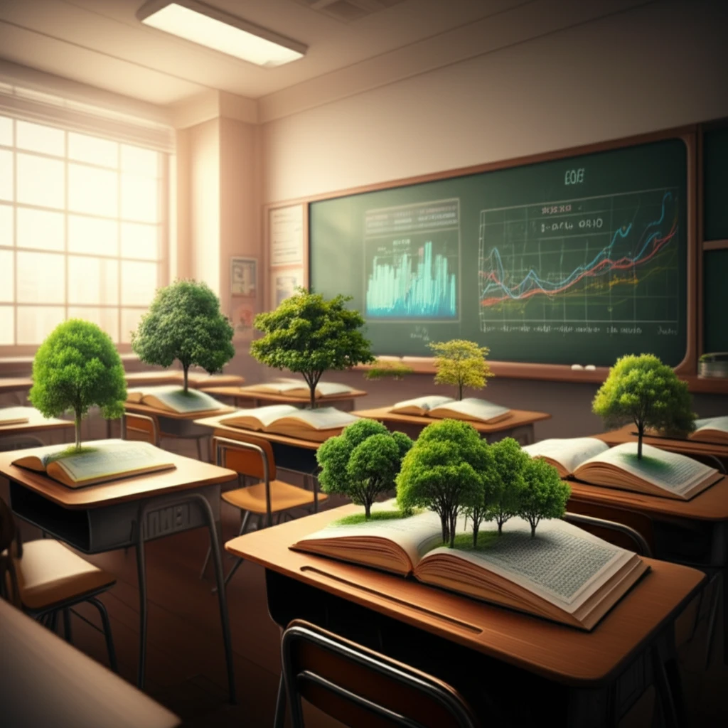 Surreal classroom with forest textbooks and climate data chalkboard, symbolizing integrated environmental education.