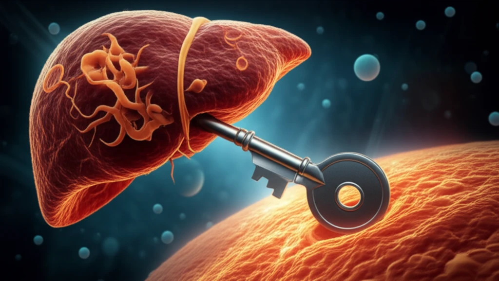 Engineered virus unlocking liver cell, representing targeted therapy for liver disease.