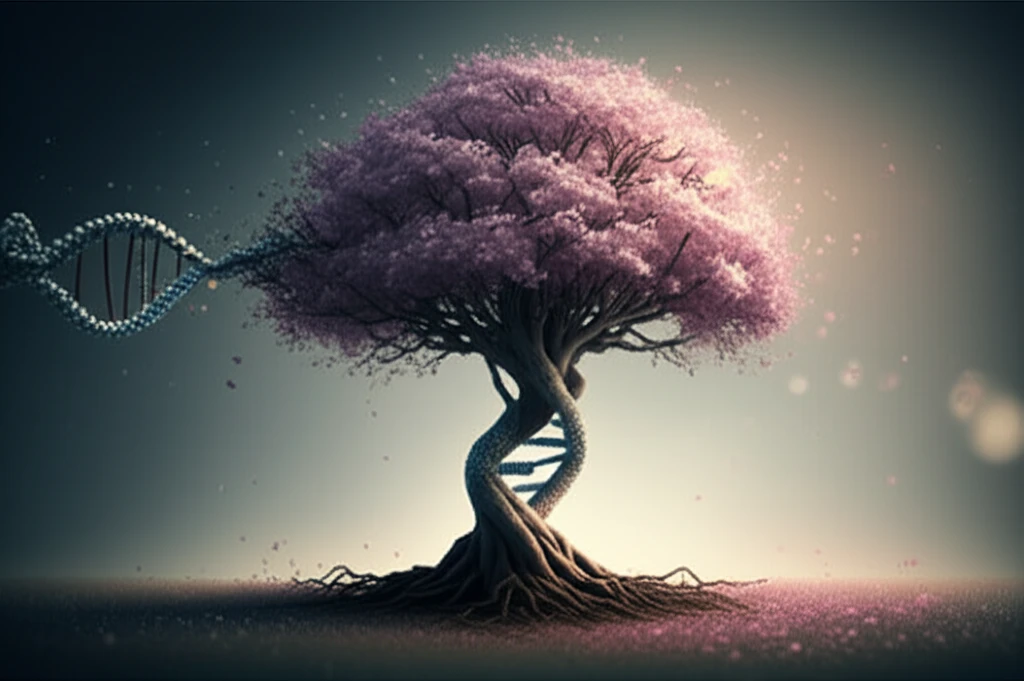 DNA strand transforming into a tree, symbolizing genetic discovery and improved health.