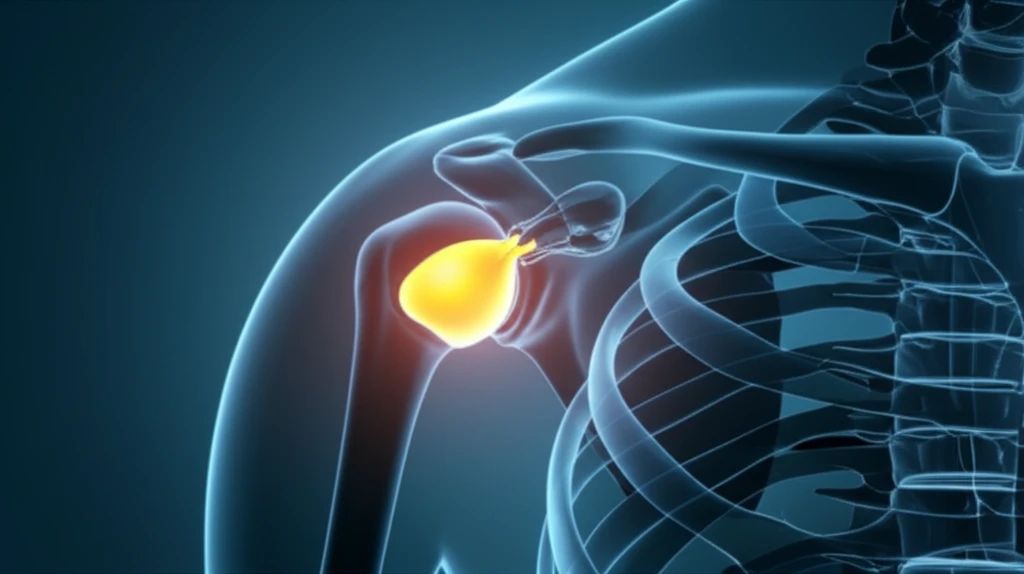 Illustration of a shoulder joint with a subacromial spacer supporting a fractured greater tuberosity.