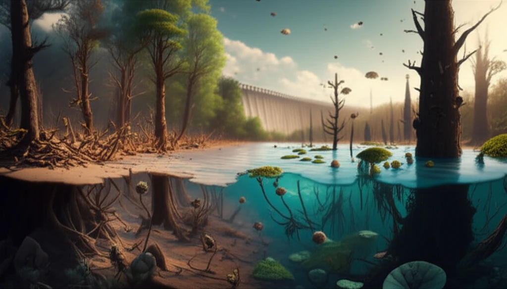 Surreal illustration of a dry forest ecosystem bisected by a dam and reservoir, showing the contrast between dry and water-affected zones and the distribution of seeds.