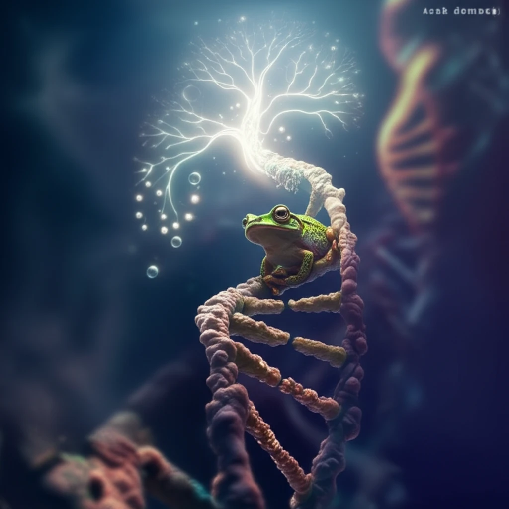 Paddy frog sitting on a DNA strand with a family tree in the background